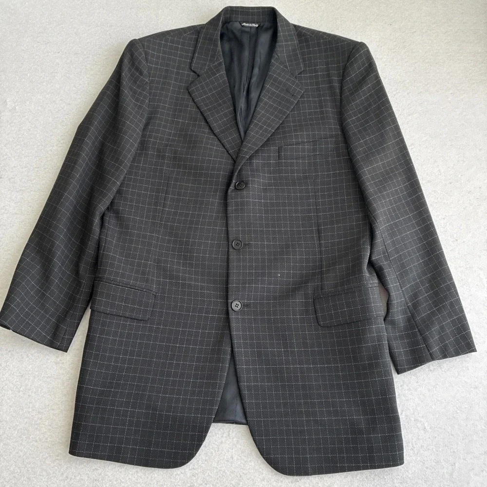 Zanella Men's Black Check Wool Blazer 44L Sport Coat Suit Jacket Office